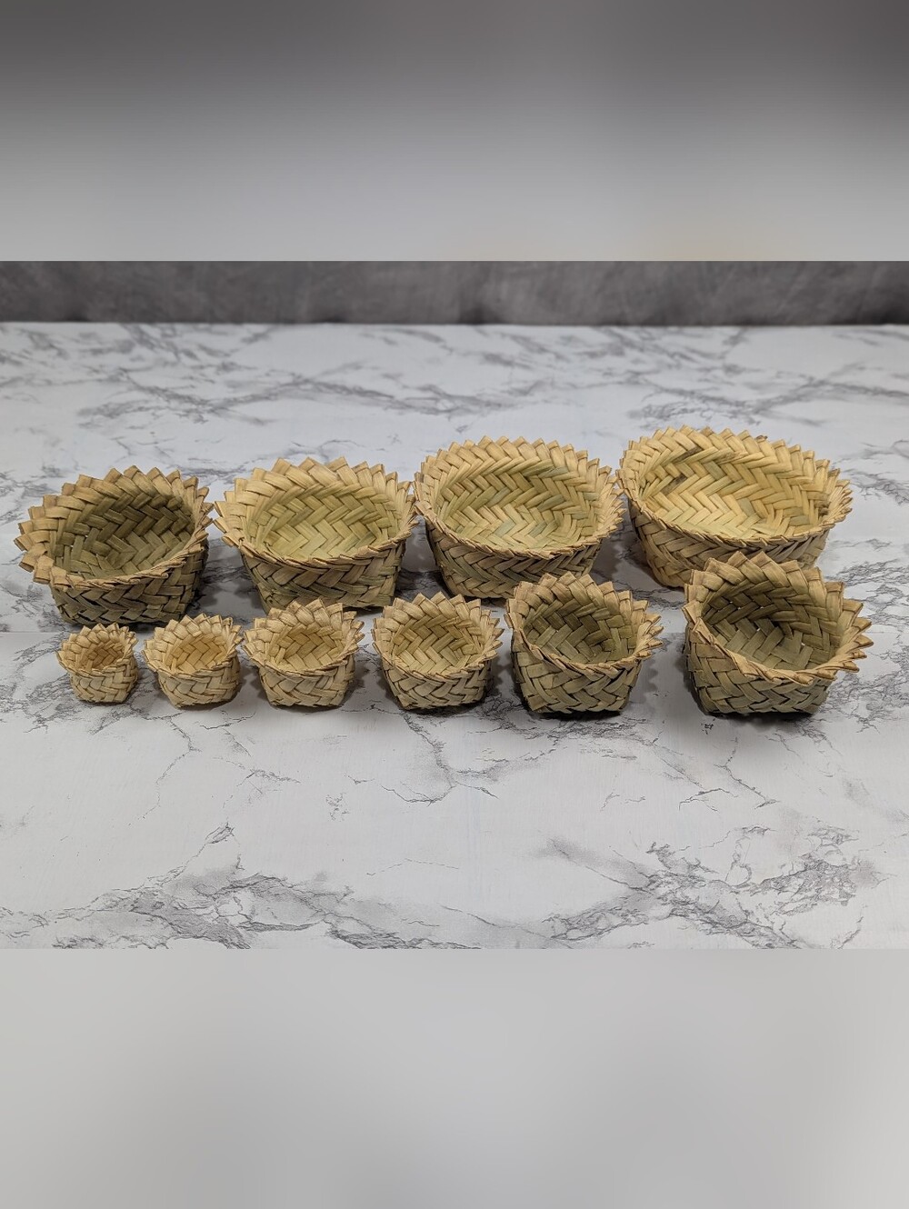 Vintage Handwoven Palm Leaf Nesting Baskets with Pointed Tips - Set of 10 Boho T